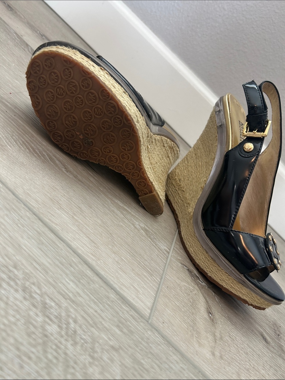 Women’s Black Patent Wedge Sandals with Jute Espadrille Heel